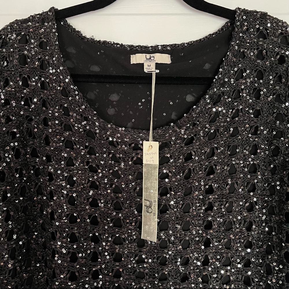 NWT Black Sequin Knit & Chiffon Lightweight Sweater Top - Holiday Style - Picture 7 of 11